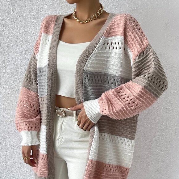 . Sweaters - Multicolor Casual Womens Color Block Drop Shoulder Open Front Cardigan